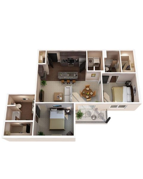 Floor plan for 2 beds, 2 baths, 1072 sqft